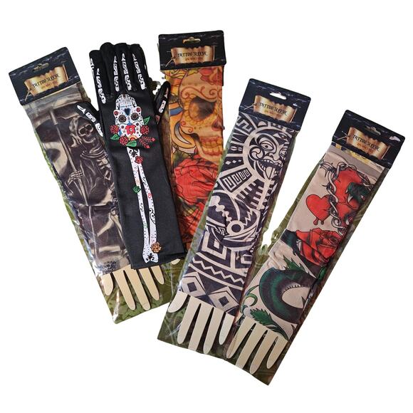 Lot of 13 Temporary Tattoos -4 Sleeves, 1 Glove, 8 Face Blood Stitches Halloween - Picture 2 of 7